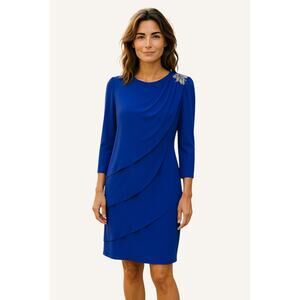 Vtg 80s Ursula of Switzerland Size 12 Blue Chiffon Drape Sequin Shoulder dress